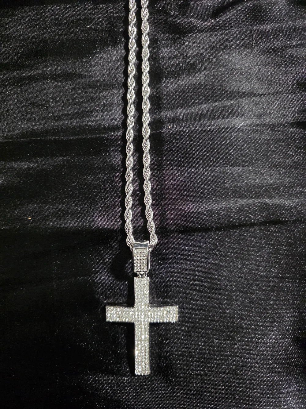 Silver Tone Rope Chain Bling Cross Charm Pendant Swaggy Necklace,